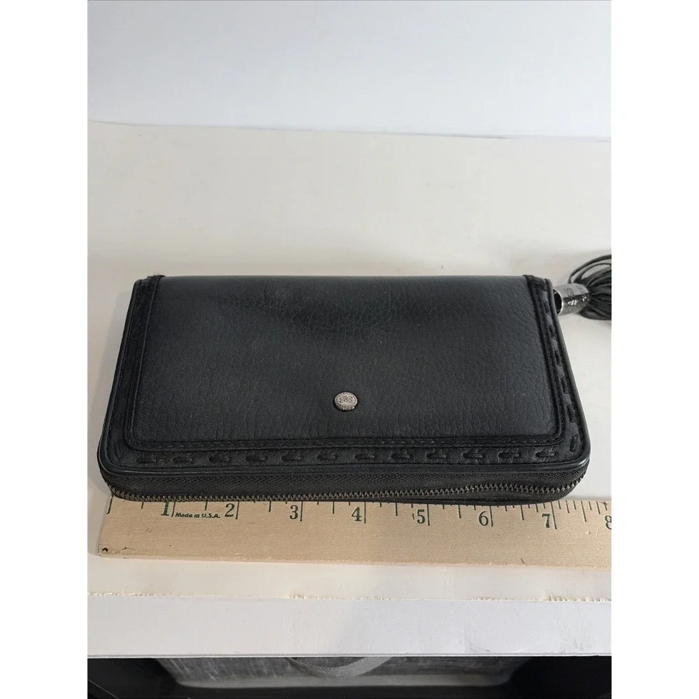 Lancel Paris Black Leather Wallet Clutch Zip Close w Tassel